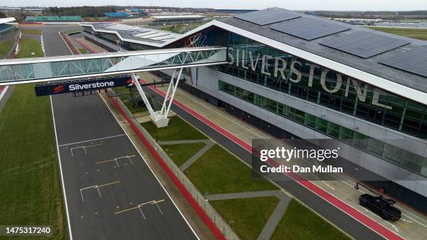 An aerial view of the Silverstone Wing on the Hamilton Straight at Silverstone Circuit on February 10, 2023 in Northampton, England.