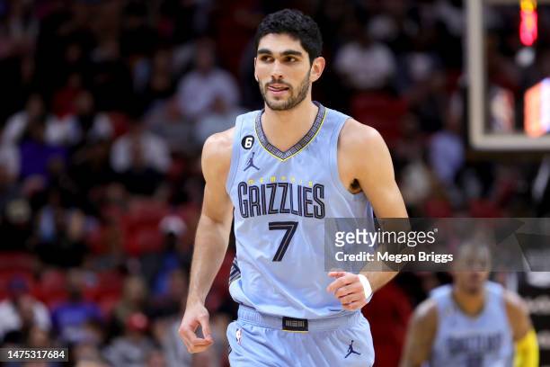 Santi Aldama of the Memphis Grizzlies in action against the Miami Heat during the third quarter of the game at Miami-Dade Arena on March 15, 2023 in...