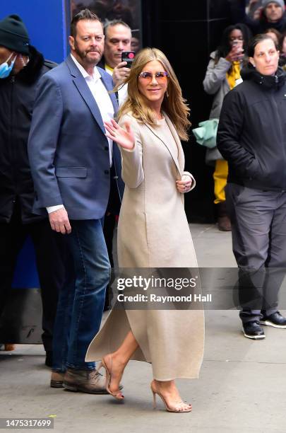 Jennifer Aniston is seen exiting 'Good Morning America' Show on March 22, 2023 in New York City.