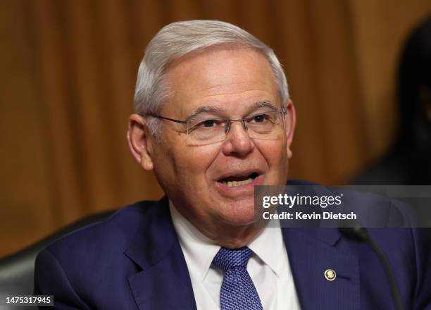 Sen. Bob Menendez participates in a Senate Finance Committee hearing with Health and Human Services Secretary Xavier Becerra on March 22, 2023 in...