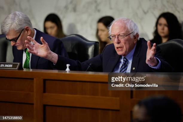 Senate Health, Education, Labor, and Pensions Committee Chairman Bernie Sanders questions Moderna CEO Stephane Bancel during a committee hearing with...