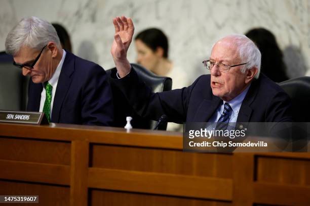 Senate Health, Education, Labor, and Pensions Committee Chairman Bernie Sanders questions Moderna CEO Stephane Bancel during a committee hearing with...