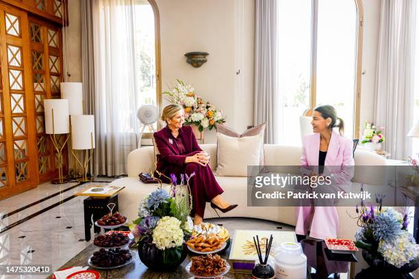 Queen Maxima of The Netherlands visits Princess Lalla Meryem of Morocco at her royal residence on March 22, 2023 in Rabat, Morocco. Queen Maxima is...