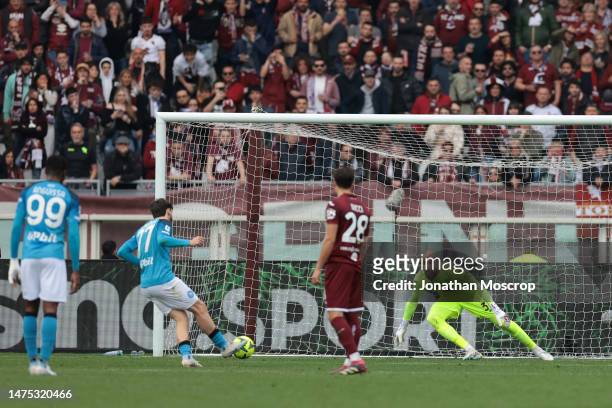 Khvicha Kvaratskhelia of SSC Napoli scores a first half penalty past Vanja Milinkovic-Savic of Torino FC give the visitors a 2-0 lead during the...