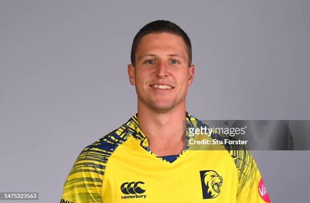 Durham player Brydon Carse pictured in the T20 kit during the photocall ahead of the 2023 season at Seat Unique Riverside on March 22, 2023 in...
