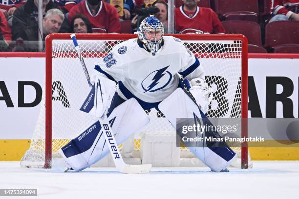 Andrei Vasilevskiy of the Tampa Bay Lightning tends net during the first period against the Montreal Canadiens at Centre Bell on March 21, 2023 in...