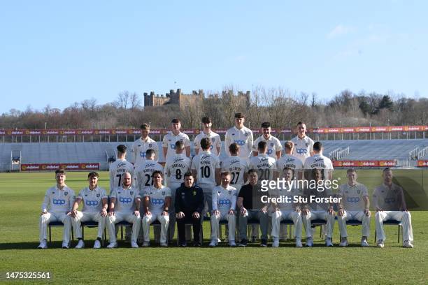 The Durham First Team Squad pictured in their County Championship kit with the Sir Ian Botham Wines logo on the back of the shirts during the...