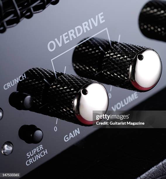 The overdrive and gain control dials of a Blackstar S1-200 electric guitar amplifier head unit, during a studio shoot for Guitarist Magazine/Future...