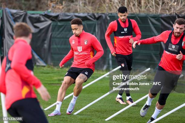 Marcus Tavernier, Dominic Solanke and Joe Rothwell of Bournemouth during a training session at Vitality Stadium on March 22, 2023 in Bournemouth,...