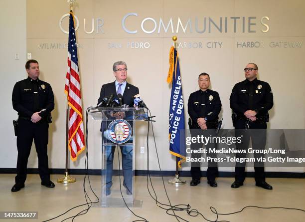 San Pedro, CA Councilmember Tim McOsker speaks during a press conference announcing an arrest in the March 4, shooting at Royal Palms Beach that left...