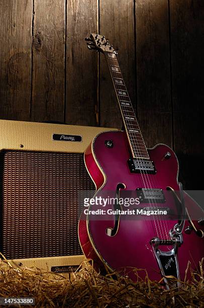 Peavey Rockingham B6 electric guitar and Peavey Delta Blues electric guitar amplifier, during a studio shoot for Guitarist Magazine/Future via Getty...