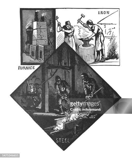 old engraved illustration of iron furnace, steelmaking - blast furnace stock pictures, royalty-free photos & images