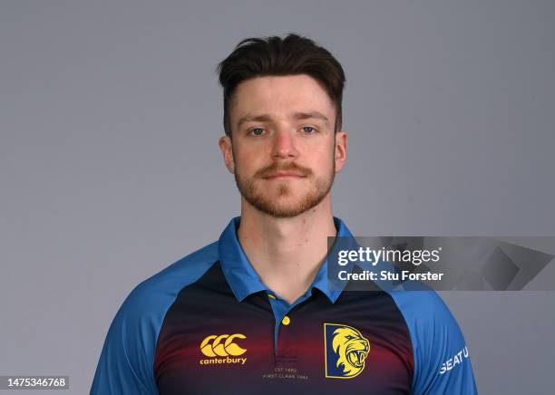 Durham player Liam Trevaskis pictured in the One Day kit during the photocall ahead of the 2023 season at Seat Unique Riverside on March 22, 2023 in...