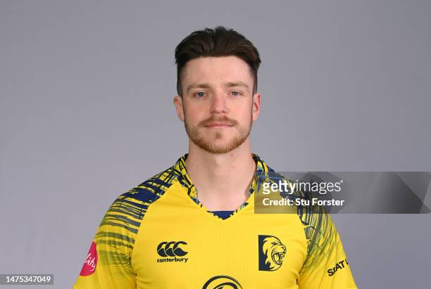 Durham player Liam Trevaskis pictured in the T20 kit during the photocall ahead of the 2023 season at Seat Unique Riverside on March 22, 2023 in...