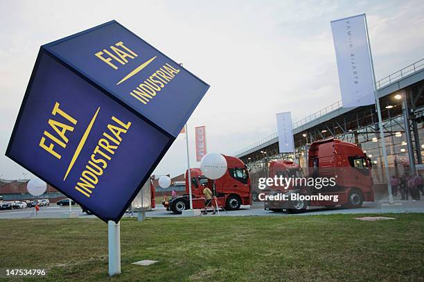 Stralis Hi-Way trucks, manufactured by Iveco, a unit of Fiat Industrial SpA, are parked outside during the truck's launch in Turin, Italy, on Sunday,...