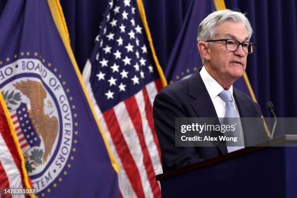 Federal Reserve Board Chairman Jerome Powell holds a news conference following a Federal Open Market Committee meeting at the Federal Reserve on...