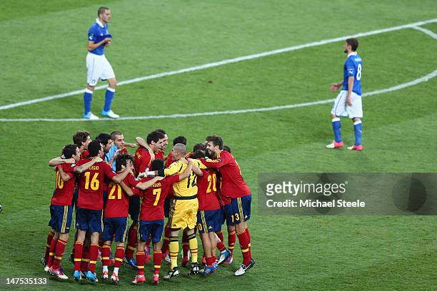 The Spanish team celebrate at the final whistle after the 4-0 victory during the UEFA EURO 2012 final match between Spain and Italy at the Olympic...