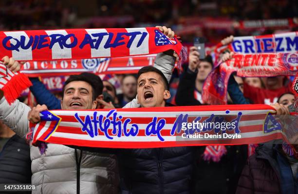 Fans of Atletico de Madrid show their support during the LaLiga Santander match between Atletico de Madrid and Valencia CF at Civitas Metropolitano...