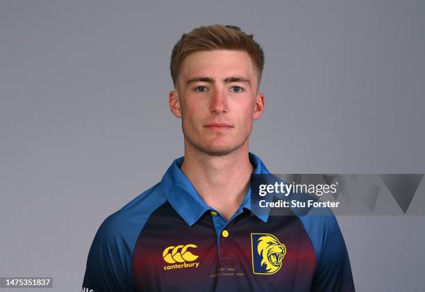 Durham player Oliver Gibson pictured in the One Day kit during the photocall ahead of the 2023 season at Seat Unique Riverside on March 22, 2023 in...