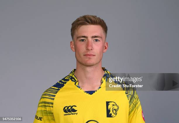 Durham player Oliver Gibson pictured in the T20 kit during the photocall ahead of the 2023 season at Seat Unique Riverside on March 22, 2023 in...