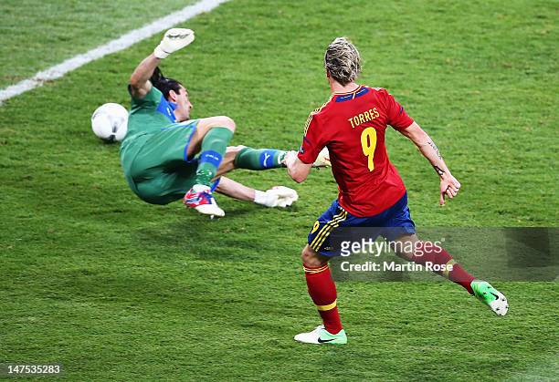 Fernando Torres of Spain scores his side's third goal past Gianluigi Buffon of Italy during the UEFA EURO 2012 final match between Spain and Italy at...