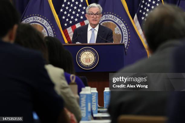 Federal Reserve Board Chairman Jerome Powell holds a news conference following a Federal Open Market Committee meeting at the Federal Reserve on...