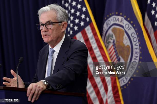 Federal Reserve Board Chairman Jerome Powell holds a news conference following a Federal Open Market Committee meeting at the Federal Reserve on...