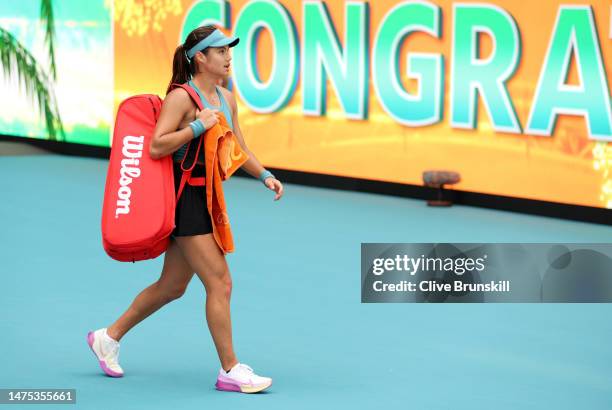 Emma Raducanu of Great Britain walks off court after her three set defeat against Bianca Andreescu of Canada in their first round match during the...