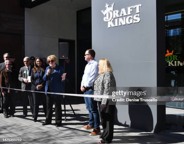 Las Vegas Mayor Carolyn Goodman, DraftKings Chief People Officer Graham Walters and DraftKings Chief Compliance Officer Jennifer Aguiar attend the...