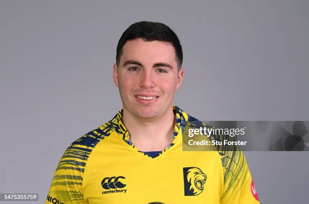 Durham player Luke Doneathy pictured in the T20 kit during the photocall ahead of the 2023 season at Seat Unique Riverside on March 22, 2023 in...