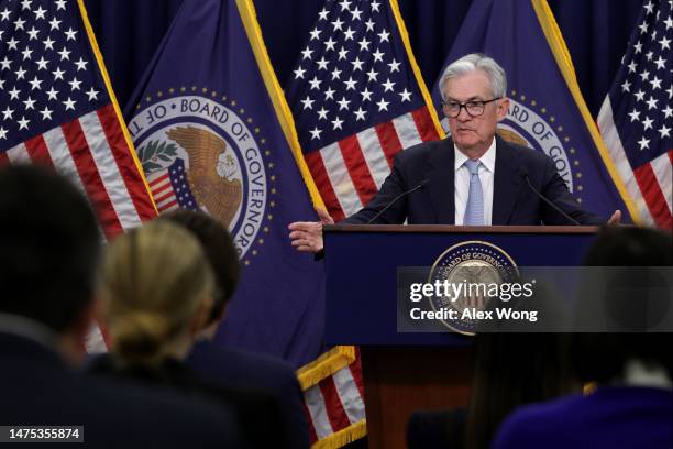 Federal Reserve Board Chairman Jerome Powell holds a news conference following a Federal Open Market Committee meeting at the Federal Reserve on...