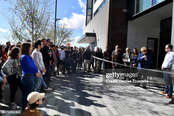 Las Vegas Mayor Carolyn Goodman, DraftKings Chief People Officer Graham Walters and DraftKings employees attend the DraftKings Las Vegas headquarters...