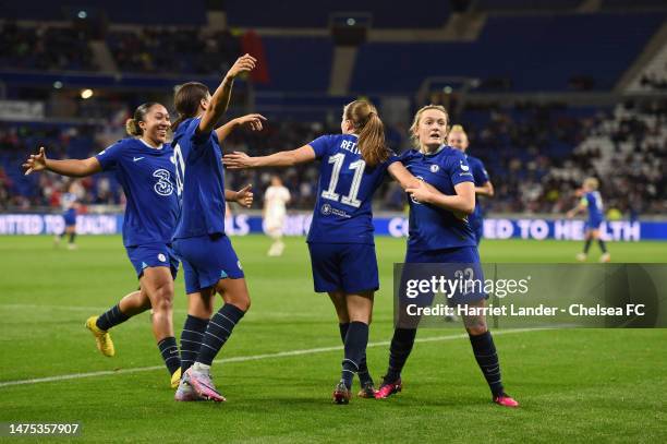 Guro Reiten of Chelsea celebrates with teammates after scoring her team's first goal during the UEFA Women's Champions League quarter-final 1st leg...