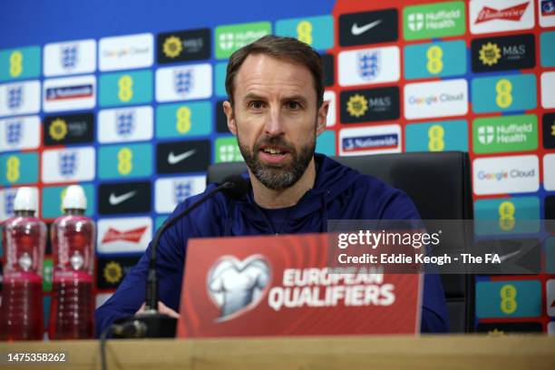 Gareth Southgate, Manager of England, talks to the media during a press conference on March 22, 2023 in Naples, Italy.