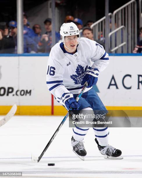 Mitchell Marner of the Toronto Maple Leafs skates against the New York Islanders at the UBS Arena on March 21, 2023 in Elmont, New York.