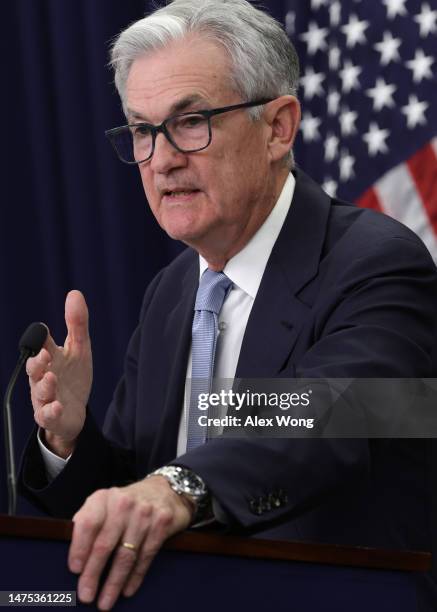 Federal Reserve Board Chairman Jerome Powell holds a news conference following a Federal Open Market Committee meeting at the Federal Reserve on...