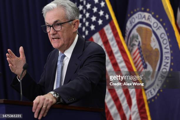 Federal Reserve Board Chairman Jerome Powell holds a news conference following a Federal Open Market Committee meeting at the Federal Reserve on...