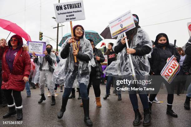 Los Angeles Unified School District workers and supporters dance at a rally outside a LAUSD district office on the second day of a strike over a new...
