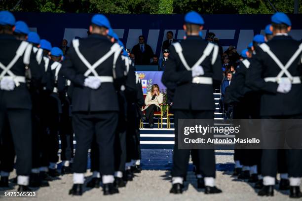 Italian Prime Minister Giorgia Meloni attends the ceremony marking the 206th anniversary of the foundation of the penitentiary police, on March 22,...