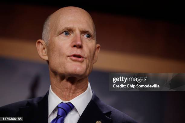 Sen. Sen. Rick Scott talk to reporters about the federal debt limit during a news conference with members of the House Freedom Caucus at the U.S....