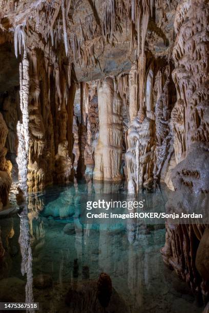 lake with stalactites in the katerloch stalactite cave, weiz, styria, austria - stalagmite stock pictures, royalty-free photos & images