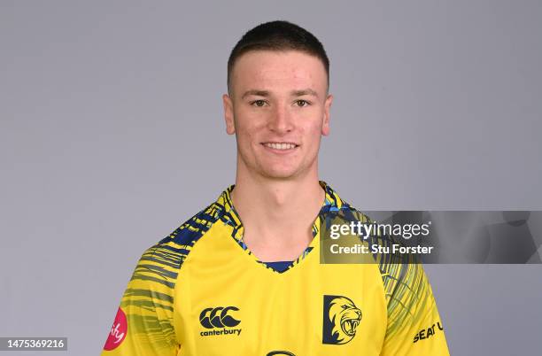 Durham player Harry Crawshaw pictured in the T20 kit during the photocall ahead of the 2023 season at Seat Unique Riverside on March 22, 2023 in...