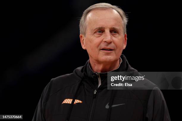 Head coach Rick Barnes of the Tennessee Volunteers looks on during a practice session for the NCAA Men's East Regional at Madison Square Garden on...