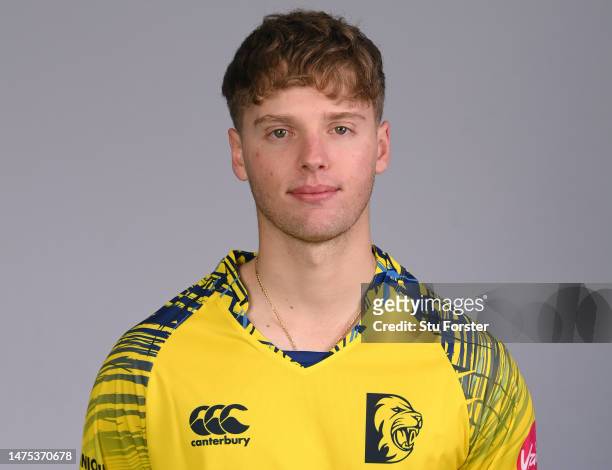 Durham player Tomas Mackintosh pictured in the T20 kit during the photocall ahead of the 2023 season at Seat Unique Riverside on March 22, 2023 in...