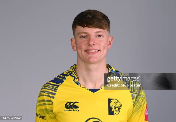 Durham player Ross Whitfield pictured in the T20 kit during the photocall ahead of the 2023 season at Seat Unique Riverside on March 22, 2023 in...