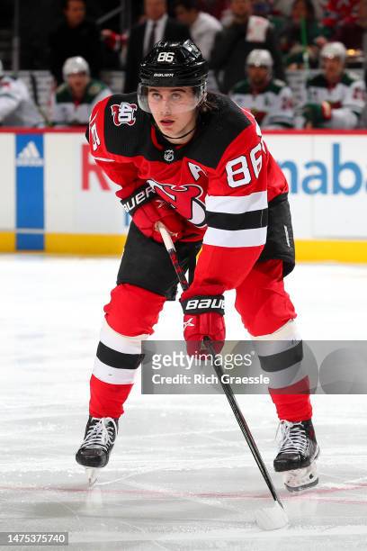 Jack Hughes of the New Jersey Devils during the game against the Minnesota Wild on March 21, 2023 at the Prudential Center in Newark, New Jersey.
