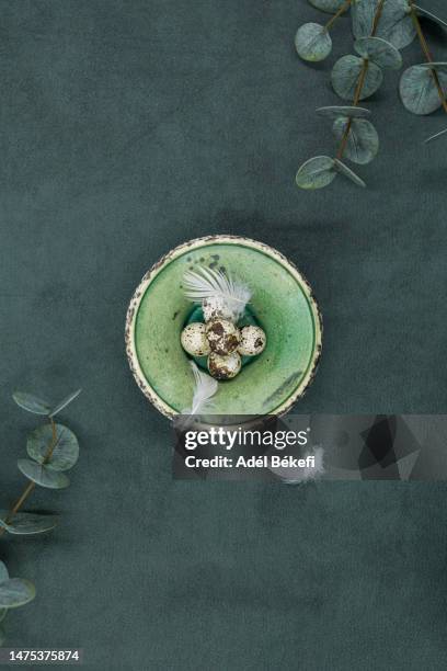 easter decoration with quail eggs surrounded by eucalyptus on green background - easter sunday stock pictures, royalty-free photos & images