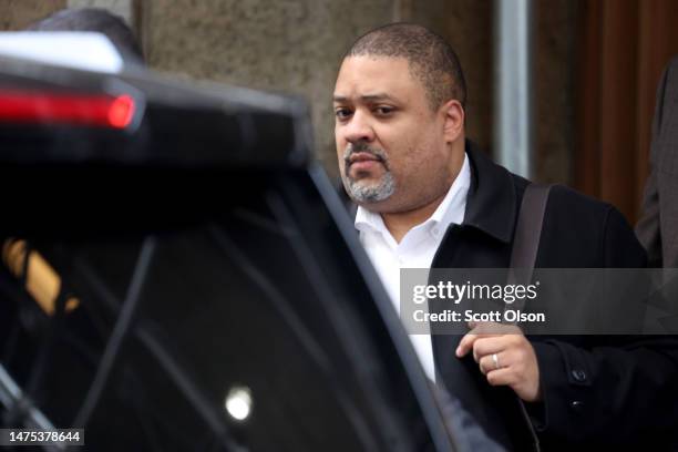 Manhattan District Attorney Alvin Bragg leaves his office as the grand jury continues to hear evidence against former President Donald Trump on March...