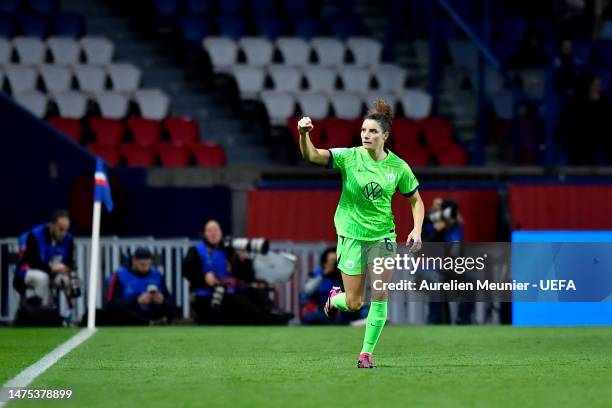 Dominique Janssen of VfL Wolfsburg celebrates after scoring the team's first goal from a penalty kick during the UEFA Women's Champions League...