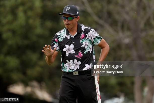 Rickie Fowler of the United States reacts after making birdie on the 16th green during day one of the World Golf Championships-Dell Technologies...